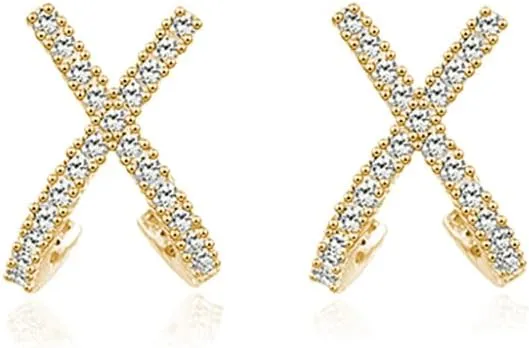 Reffeer Solid 925 Sterling Silver CZ Cuff Piercing Stud Earrings Wraps for Women Teens X Criss Cross Cuff Earrings Huggie Hoops