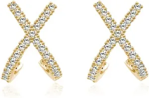 Reffeer Solid 925 Sterling Silver CZ Cuff Piercing Stud Earrings Wraps for Women Teens X Criss Cross Cuff Earrings Huggie Hoops
