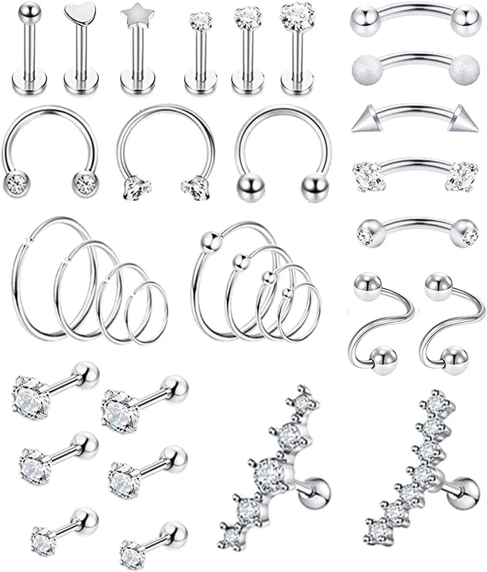 REVOLIA 32Pcs Stainless Steel Cartilage Stud Earrings for Women Conch Helix Tragus Daith Conch Hoop Earing Piercing Jewelry Set