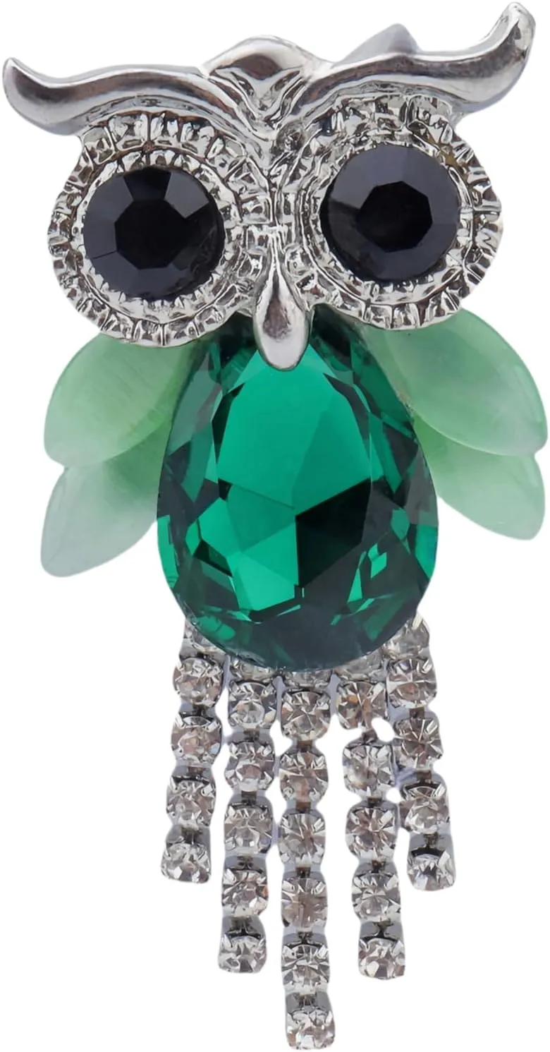 Rhinestone Owl Brooch Pin for Women Girls Fashion Animal Bird Green,Blue Teardrop Crystal Cute Large Tassel Lapel Pin Elegant Dress Accessories Holiday Party Birthday Christmas Jewelry Gift