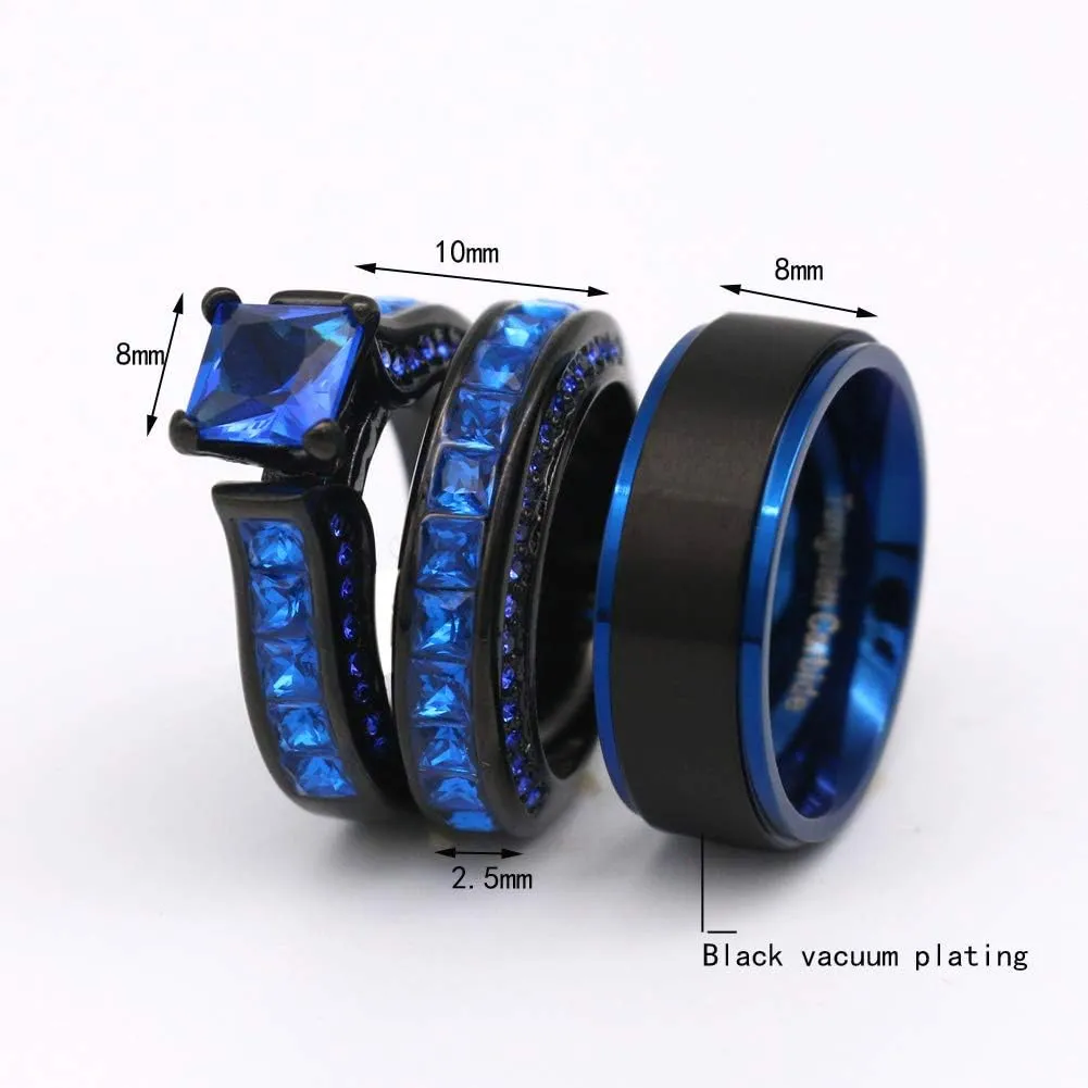 ringheart 2 Rings His and Hers Couple Rings Black Rings Red Cz Womens Wedding Ring Sets Titanium Steel Mens Wedding Bands