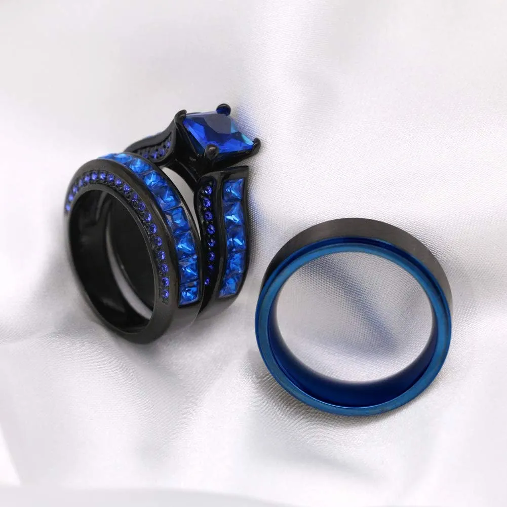ringheart 2 Rings His and Hers Couple Rings Black Rings Red Cz Womens Wedding Ring Sets Titanium Steel Mens Wedding Bands