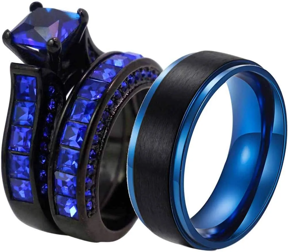 ringheart 2 Rings His and Hers Couple Rings Black Rings Red Cz Womens Wedding Ring Sets Titanium Steel Mens Wedding Bands