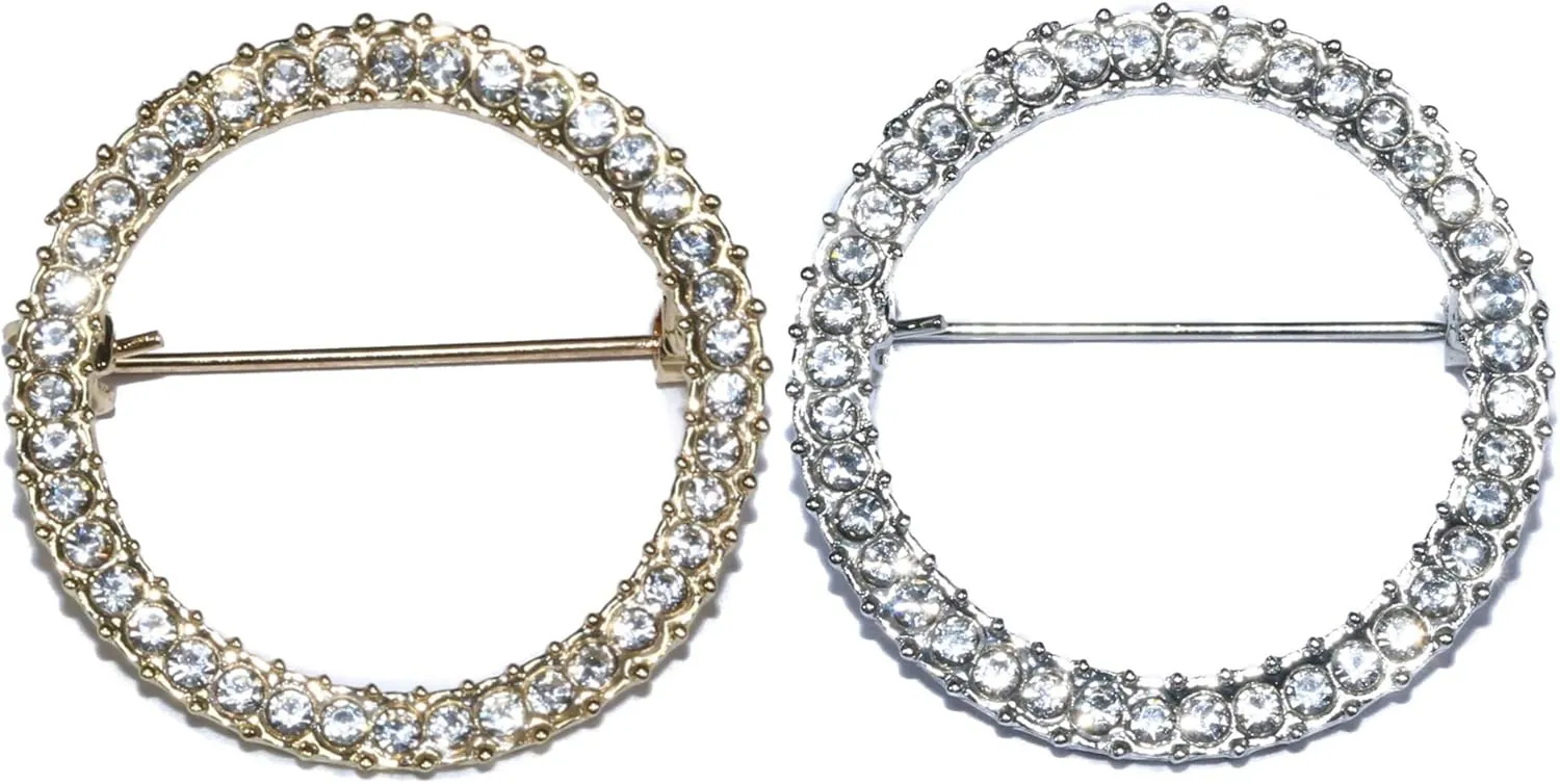 ROFARSO Geometry Circle Round Brooch Pins for Women Feminist Fashion Jewelry with Rhinestone Crystal, Accessory for Shawl Scarf Buckle Sweater Cardigan, Gift for Women Mother Bride Girl (2pics, Gold & Silver)