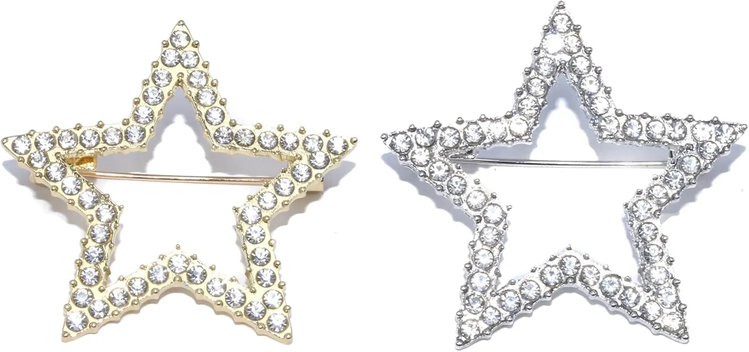 ROFARSO Geometry Star Brooch Pins for Women Feminist Fashion Jewelry with Rhinestone Crystal, Accessory for Shawl Scarf Buckle Sweater Cardigan, Gift for Women Mother Bride Girl (2pics, Gold & Silver)