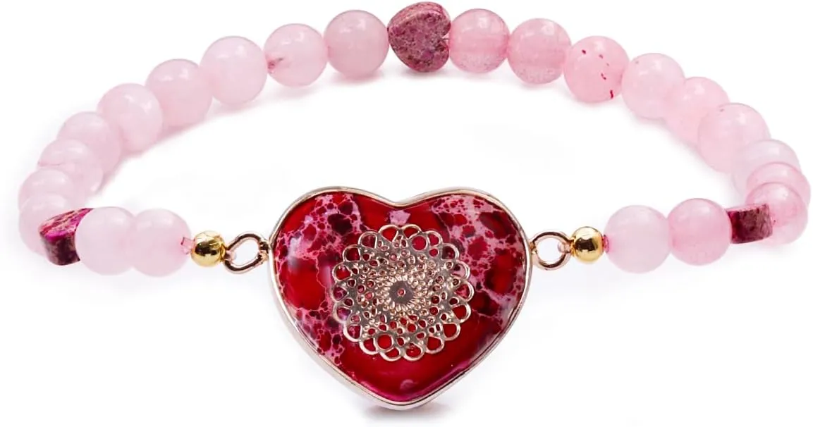Rose Quartz Heart Bracelet - Natural Gemstone Energy Meditation Jewelry For Women, Healing Love Spiritual Gift For Her, Beaded Bracelet (1)