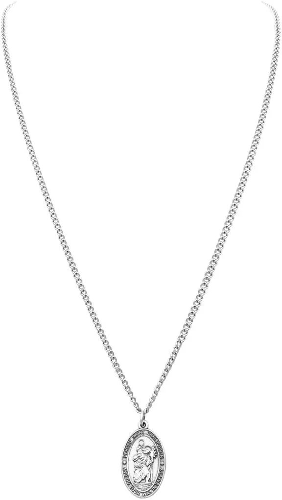Rosemarie Collections Pewter Religious Saint Medal Oval Pendant Necklace, 24"