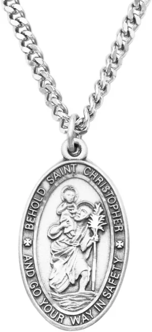 Rosemarie Collections Pewter Religious Saint Medal Oval Pendant Necklace, 24"