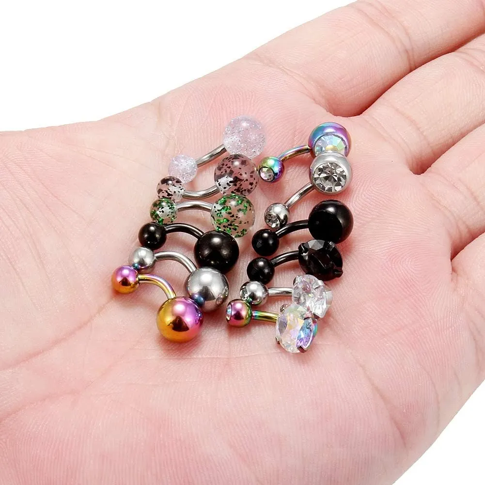 Ruifan 316L Surgical Steel Double Crystal 14G 6mm 1/4 Inches Short Belly Earring Navel Button Ring