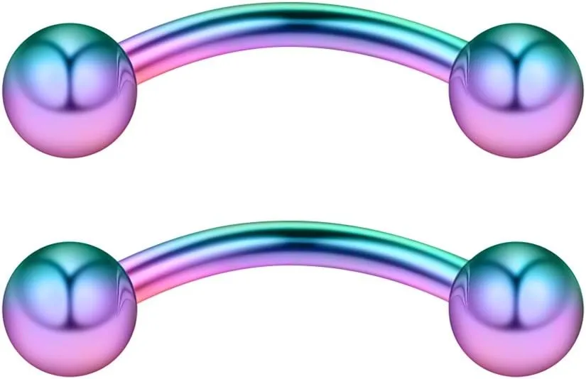 Ruifan 3PRS 16G 3/8" (10MM) Stainless Steel 3mm CZ/Gems/Ball Curved Barbell Eyebrow Tragus Lip Belly Ring Piercing Jewelry - Rainbow