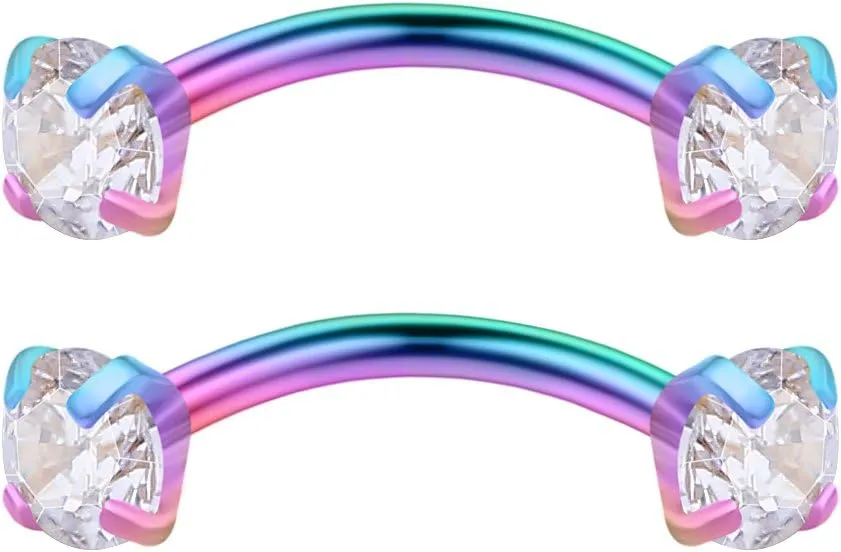 Ruifan 3PRS 16G 3/8" (10MM) Stainless Steel 3mm CZ/Gems/Ball Curved Barbell Eyebrow Tragus Lip Belly Ring Piercing Jewelry - Rainbow