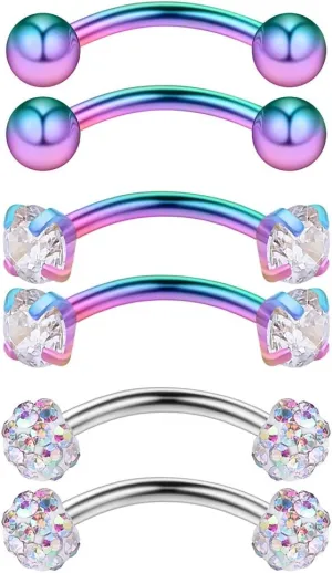 Ruifan 3PRS 16G 3/8" (10MM) Stainless Steel 3mm CZ/Gems/Ball Curved Barbell Eyebrow Tragus Lip Belly Ring Piercing Jewelry - Rainbow