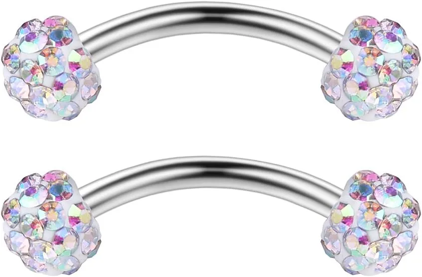 Ruifan 3PRS 16G 3/8" (10MM) Stainless Steel 3mm CZ/Gems/Ball Curved Barbell Eyebrow Tragus Lip Belly Ring Piercing Jewelry - Rainbow