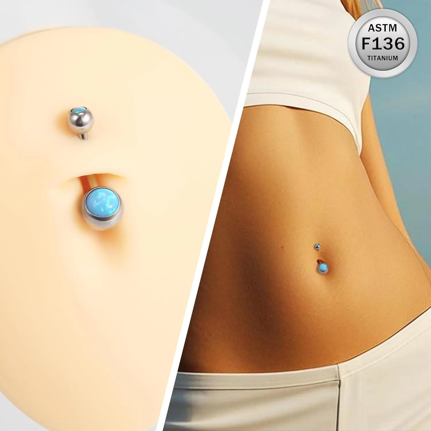 Ruifan ASTM F136 Titanium Belly Button Rings 14G Opal Jeweled Ball Belly Navel Rings 10mm Bar Body Piercing Jewelry Navel Ring With 1PCS Curved Piercing Taper