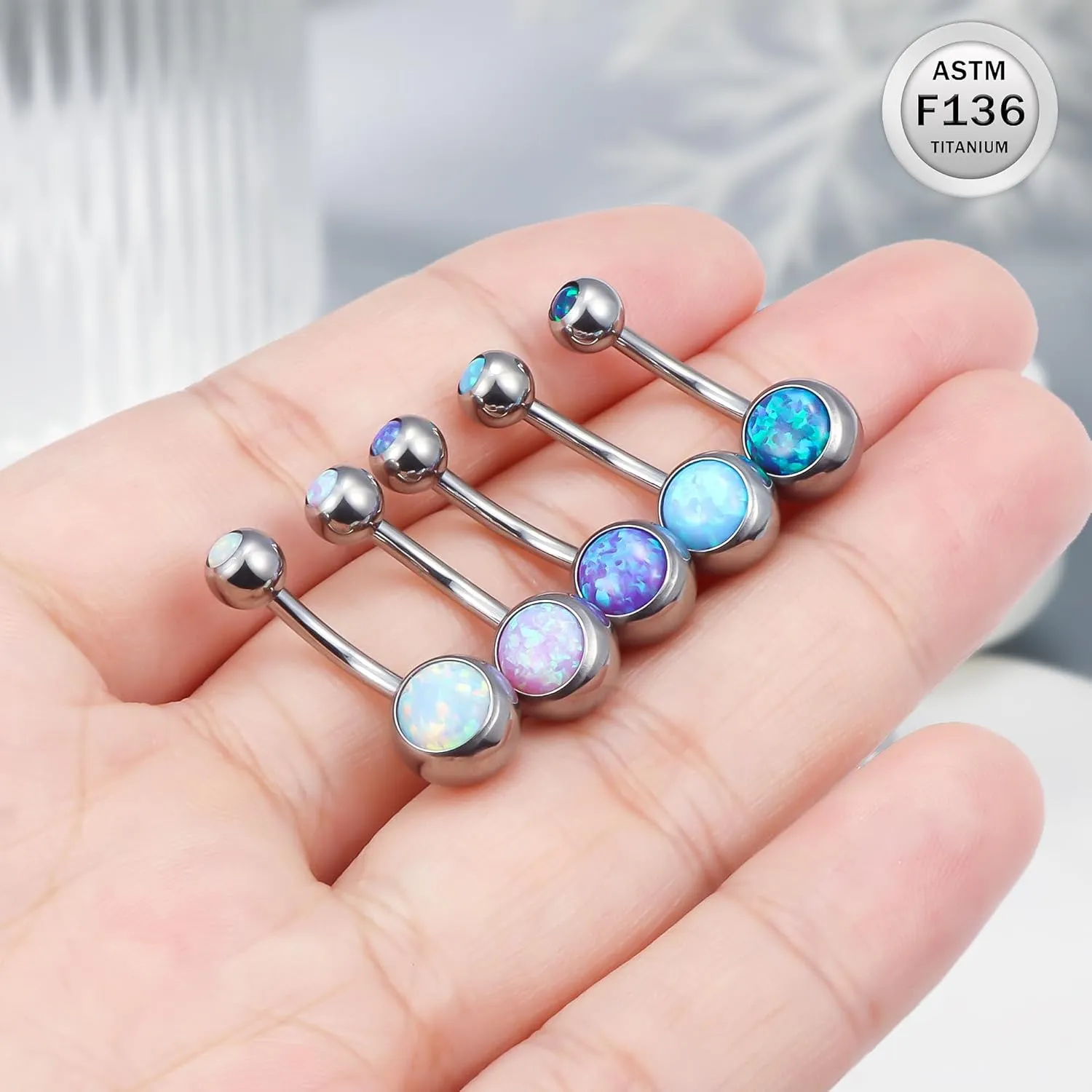 Ruifan ASTM F136 Titanium Belly Button Rings 14G Opal Jeweled Ball Belly Navel Rings 10mm Bar Body Piercing Jewelry Navel Ring With 1PCS Curved Piercing Taper