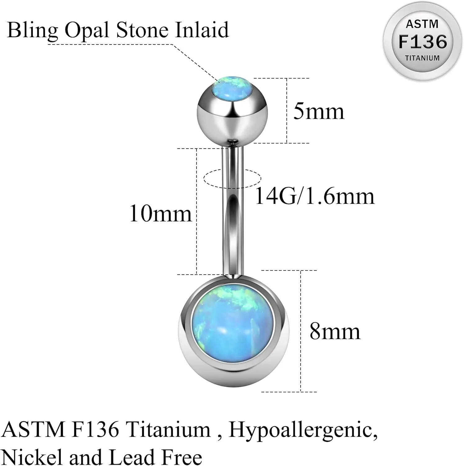 Ruifan ASTM F136 Titanium Belly Button Rings 14G Opal Jeweled Ball Belly Navel Rings 10mm Bar Body Piercing Jewelry Navel Ring With 1PCS Curved Piercing Taper