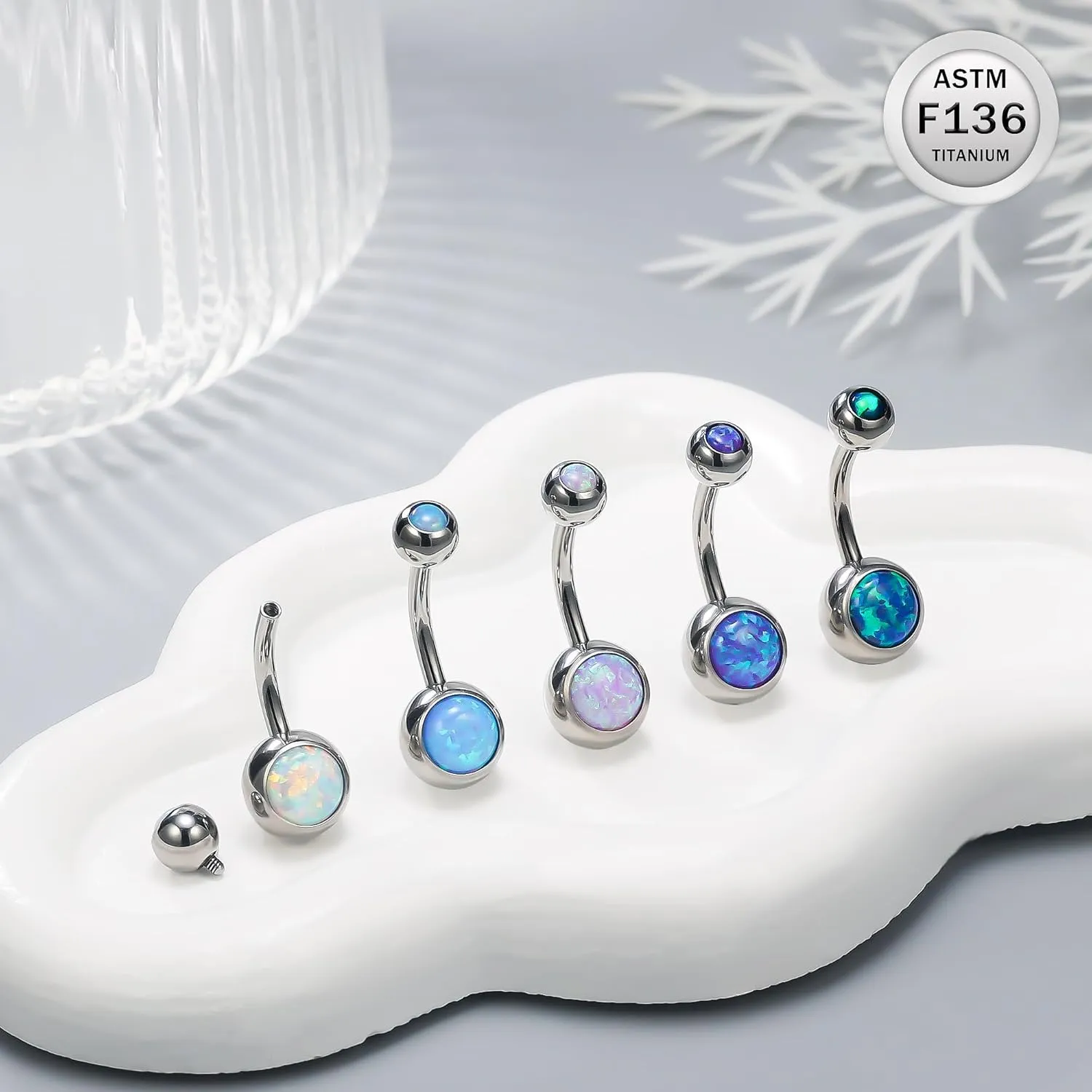Ruifan ASTM F136 Titanium Belly Button Rings 14G Opal Jeweled Ball Belly Navel Rings 10mm Bar Body Piercing Jewelry Navel Ring With 1PCS Curved Piercing Taper