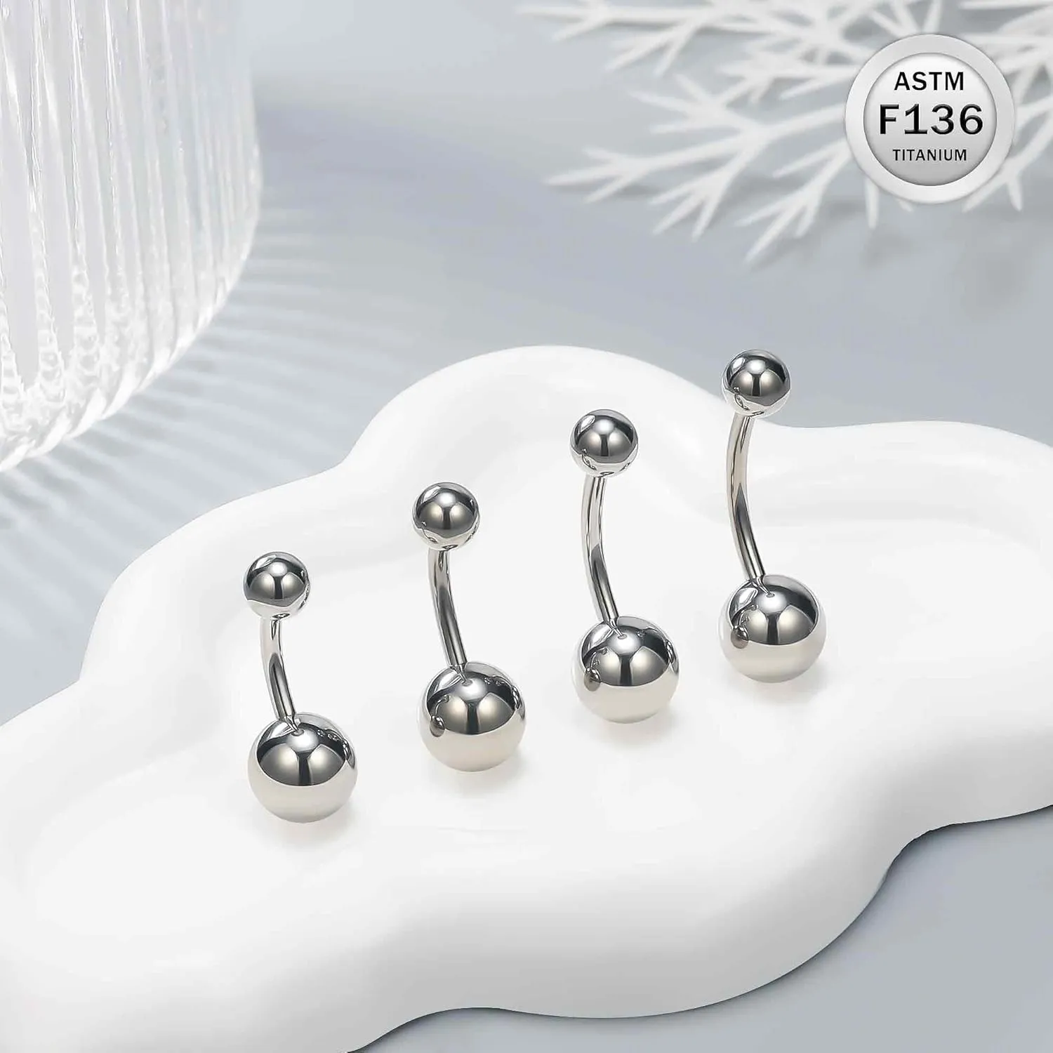 Ruifan ASTM F136 Titanium Belly Button Rings 16G 14G Ball Belly Navel Rings 8mm 10mm 12mm 14mm Bar Body Piercing Jewelry Navel Ring With 1PCS Curved Piercing Taper