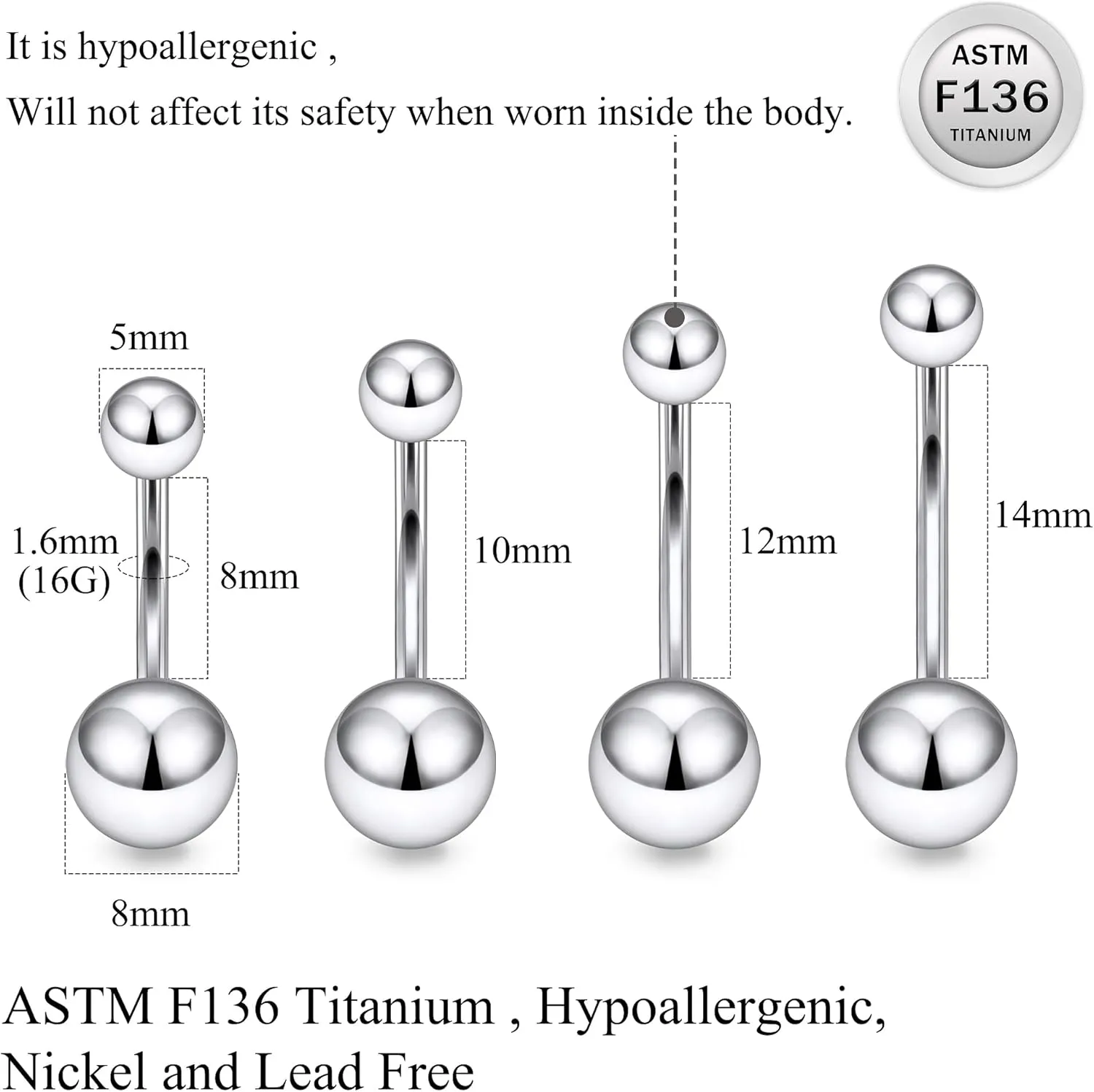 Ruifan ASTM F136 Titanium Belly Button Rings 16G 14G Ball Belly Navel Rings 8mm 10mm 12mm 14mm Bar Body Piercing Jewelry Navel Ring With 1PCS Curved Piercing Taper