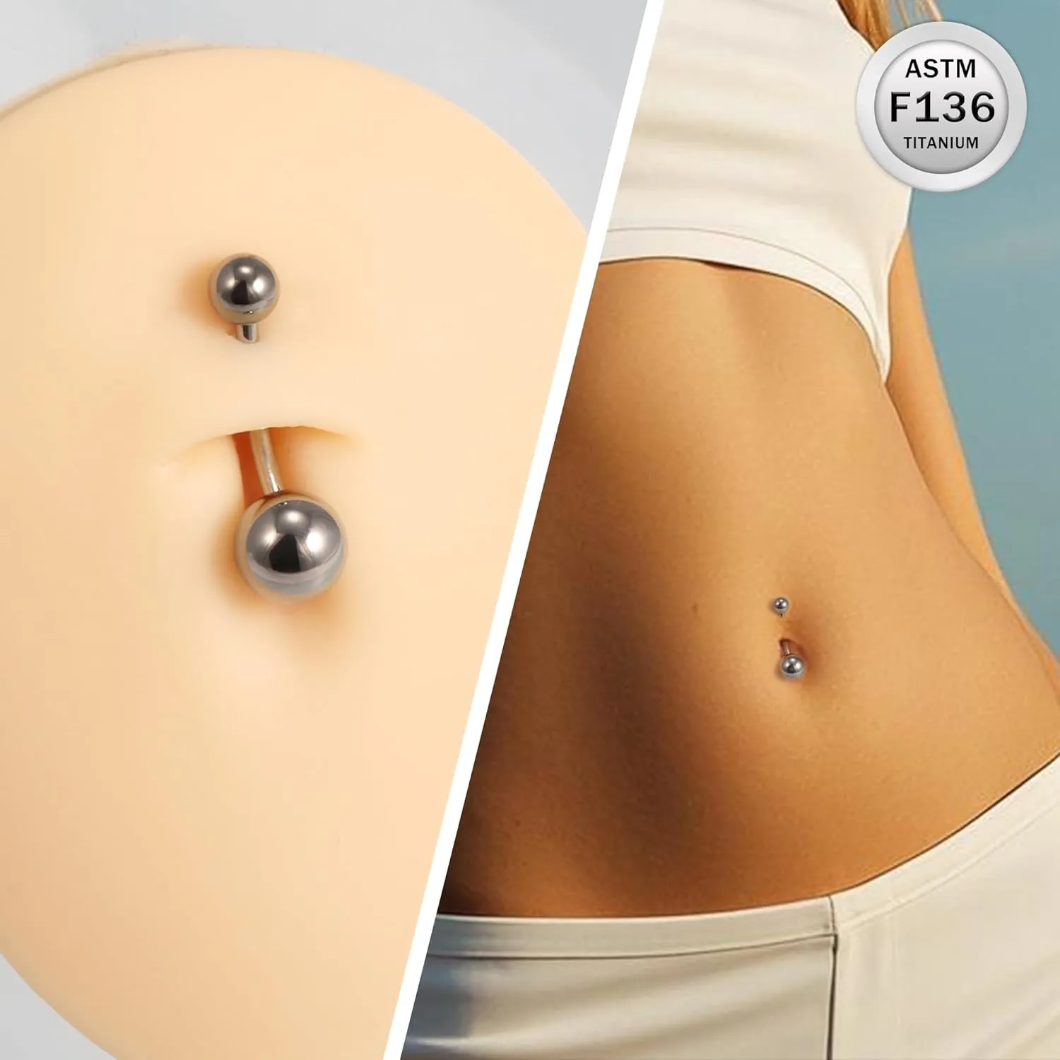 Ruifan ASTM F136 Titanium Belly Button Rings 16G 14G Ball Belly Navel Rings 8mm 10mm 12mm 14mm Bar Body Piercing Jewelry Navel Ring With 1PCS Curved Piercing Taper