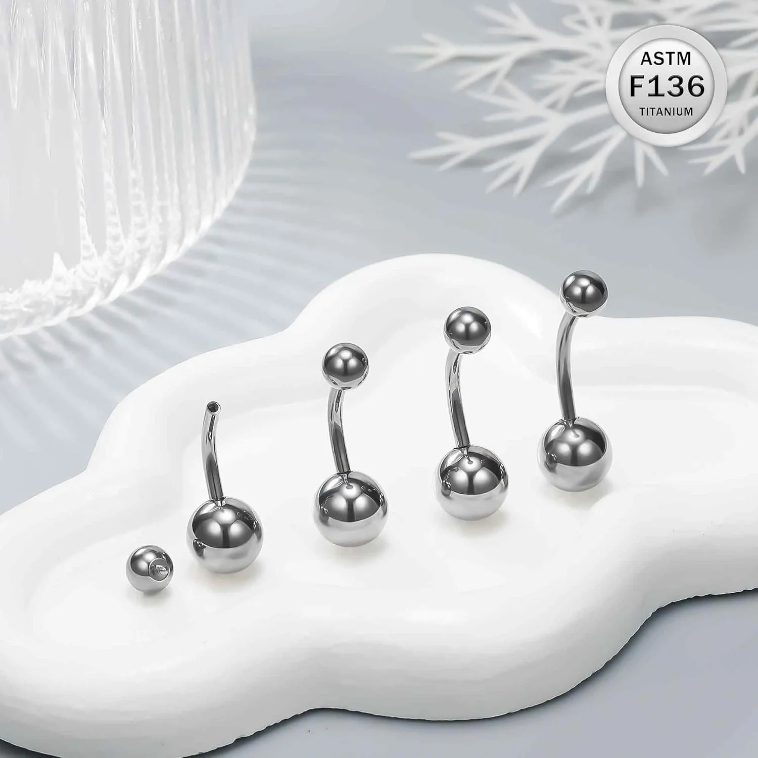Ruifan ASTM F136 Titanium Belly Button Rings 16G 14G Ball Belly Navel Rings 8mm 10mm 12mm 14mm Bar Body Piercing Jewelry Navel Ring With 1PCS Curved Piercing Taper
