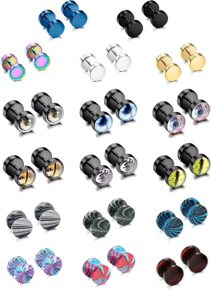 SAILIMUE 17 Pairs Men Earrings Fake Gauges Studs Stainless Steel Ear Piercing Tunnel Eyeball Black Earrings Faux Plug Gauge Earring Set for Men Women