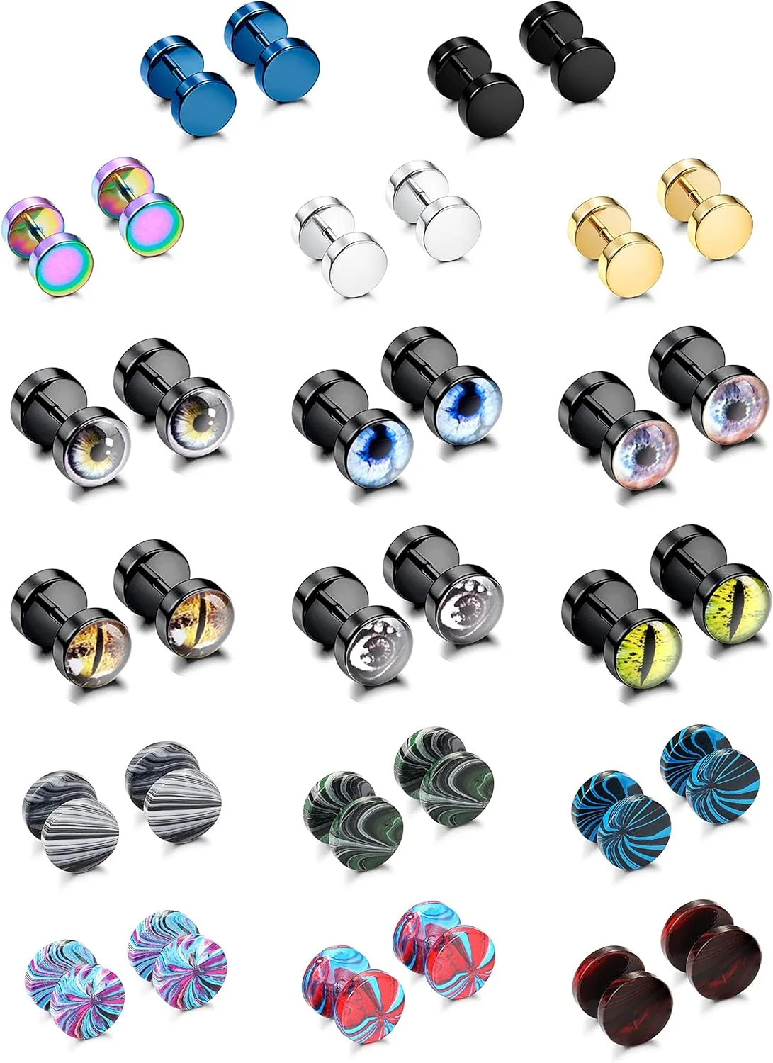 SAILIMUE 17 Pairs Men Earrings Fake Gauges Studs Stainless Steel Ear Piercing Tunnel Eyeball Black Earrings Faux Plug Gauge Earring Set for Men Women