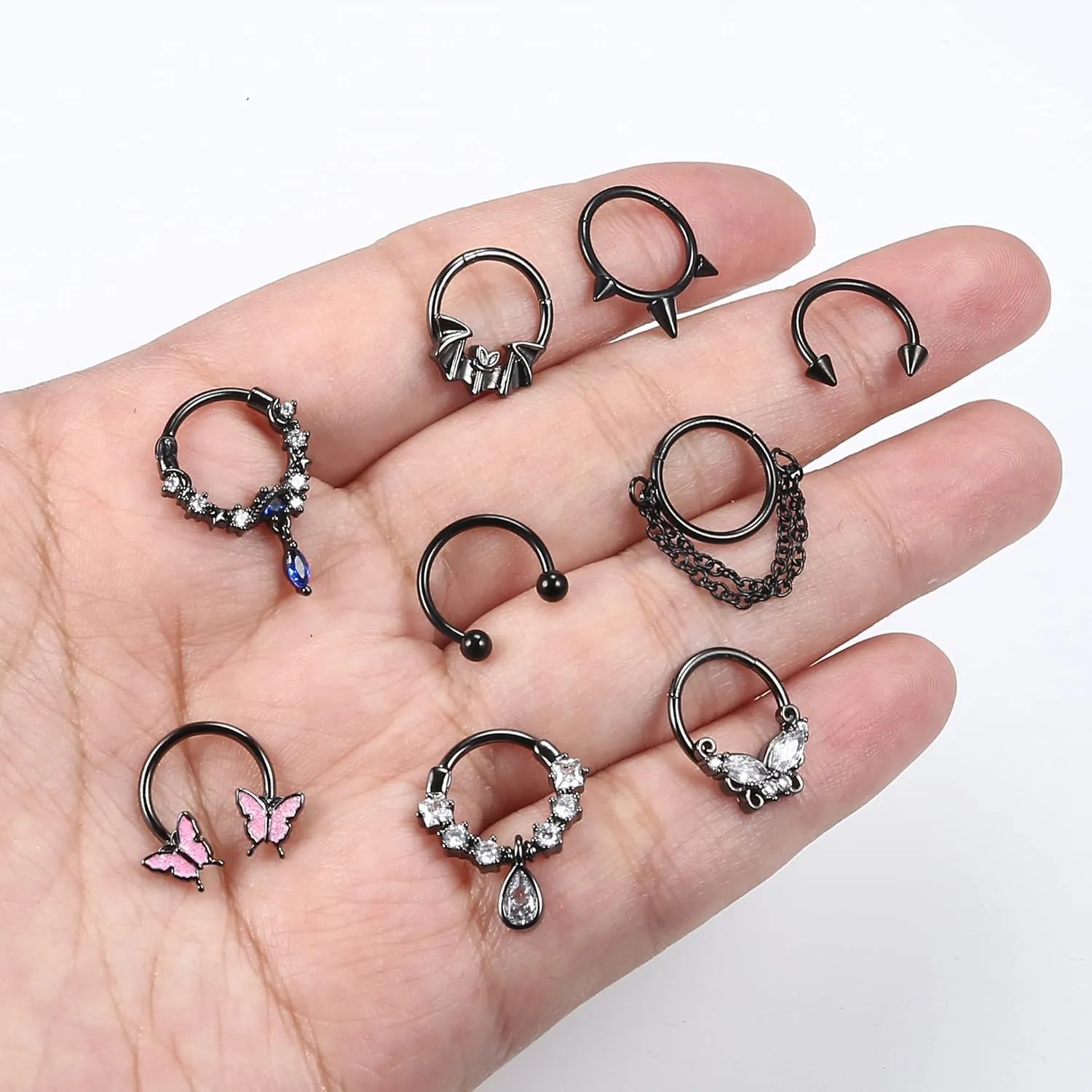 Sanfenly 9Pcs 16G Septum Rings for Women Men Stainless Steel Dangle Septum Jewelry Blue Planet Teardrop CZ Butterfly Bat Spiked Daith Earrings Hoop Nose Rings Cartilage Helix Septum Piercing Jewelry