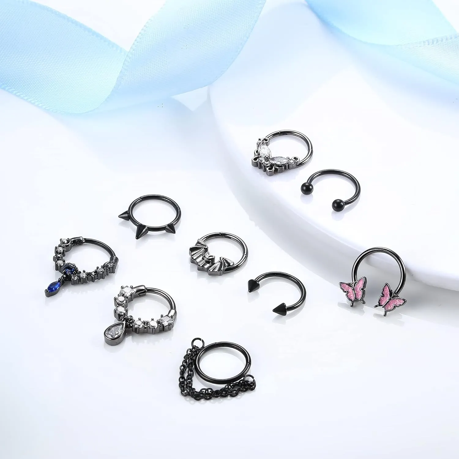 Sanfenly 9Pcs 16G Septum Rings for Women Men Stainless Steel Dangle Septum Jewelry Blue Planet Teardrop CZ Butterfly Bat Spiked Daith Earrings Hoop Nose Rings Cartilage Helix Septum Piercing Jewelry