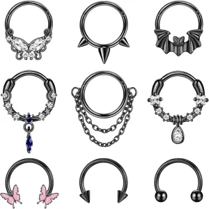 Sanfenly 9Pcs 16G Septum Rings for Women Men Stainless Steel Dangle Septum Jewelry Blue Planet Teardrop CZ Butterfly Bat Spiked Daith Earrings Hoop Nose Rings Cartilage Helix Septum Piercing Jewelry