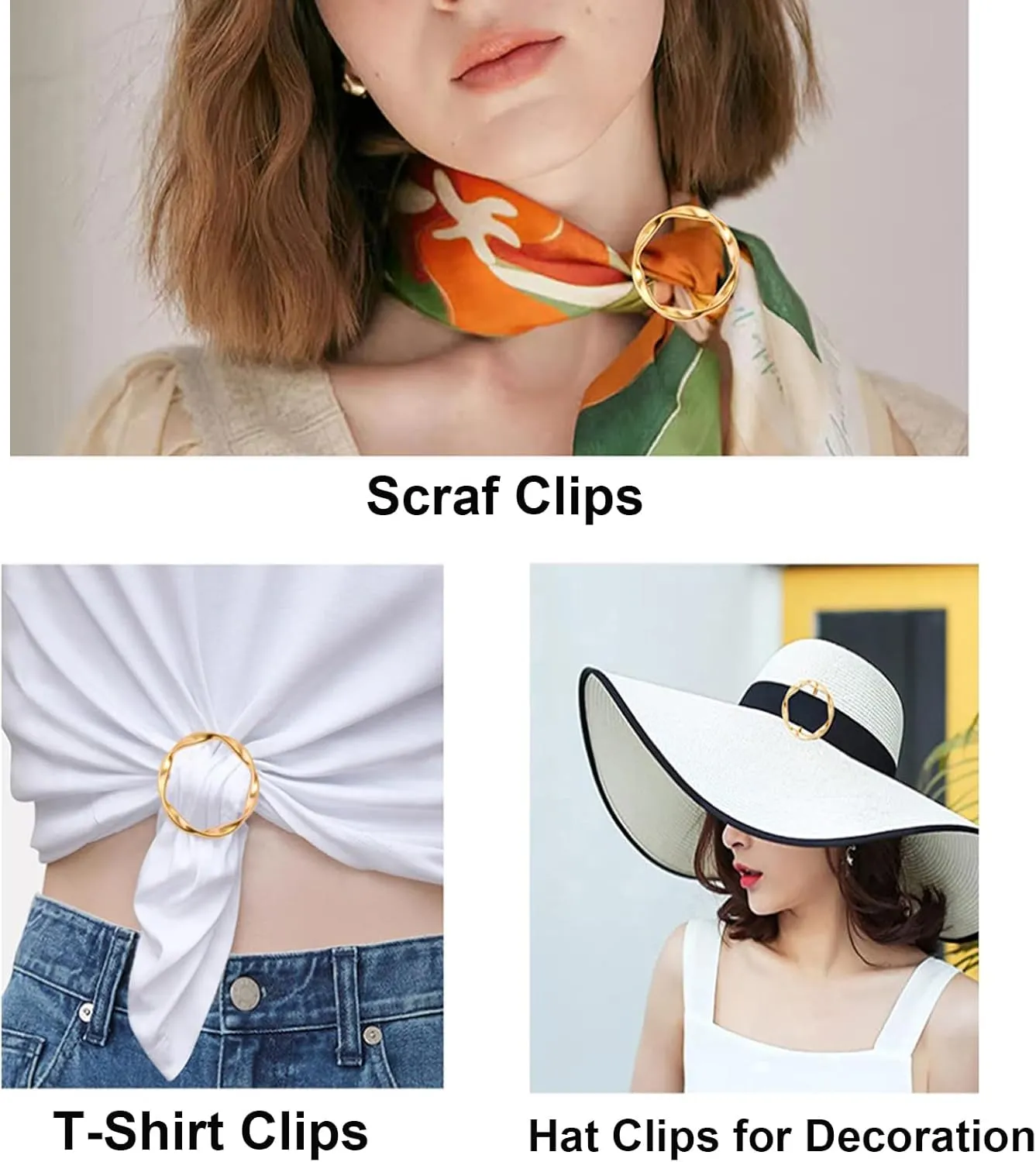 Scarf Ring Clip, T-shirt Ties Clips, Clothes Corner Knotted Button for Women, Fashion Metal Circle Shirt Clip Buckle