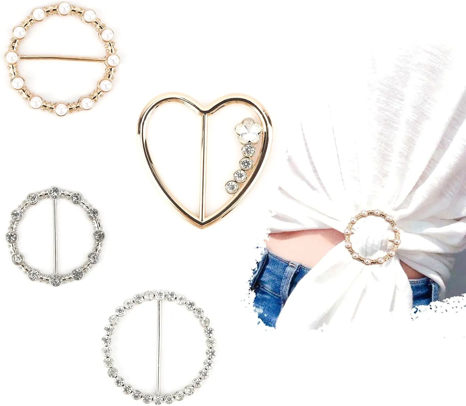 Scarf Ring Clip,4PCS T-Shirt Ties Clips,Shirt Clips For Women Clothing,Scarf Ring Gold,T-Shirt Clips For Women For The Side,Scarves For Women Lightweight Ring Clips,Metal Round Circle Clip Buckle