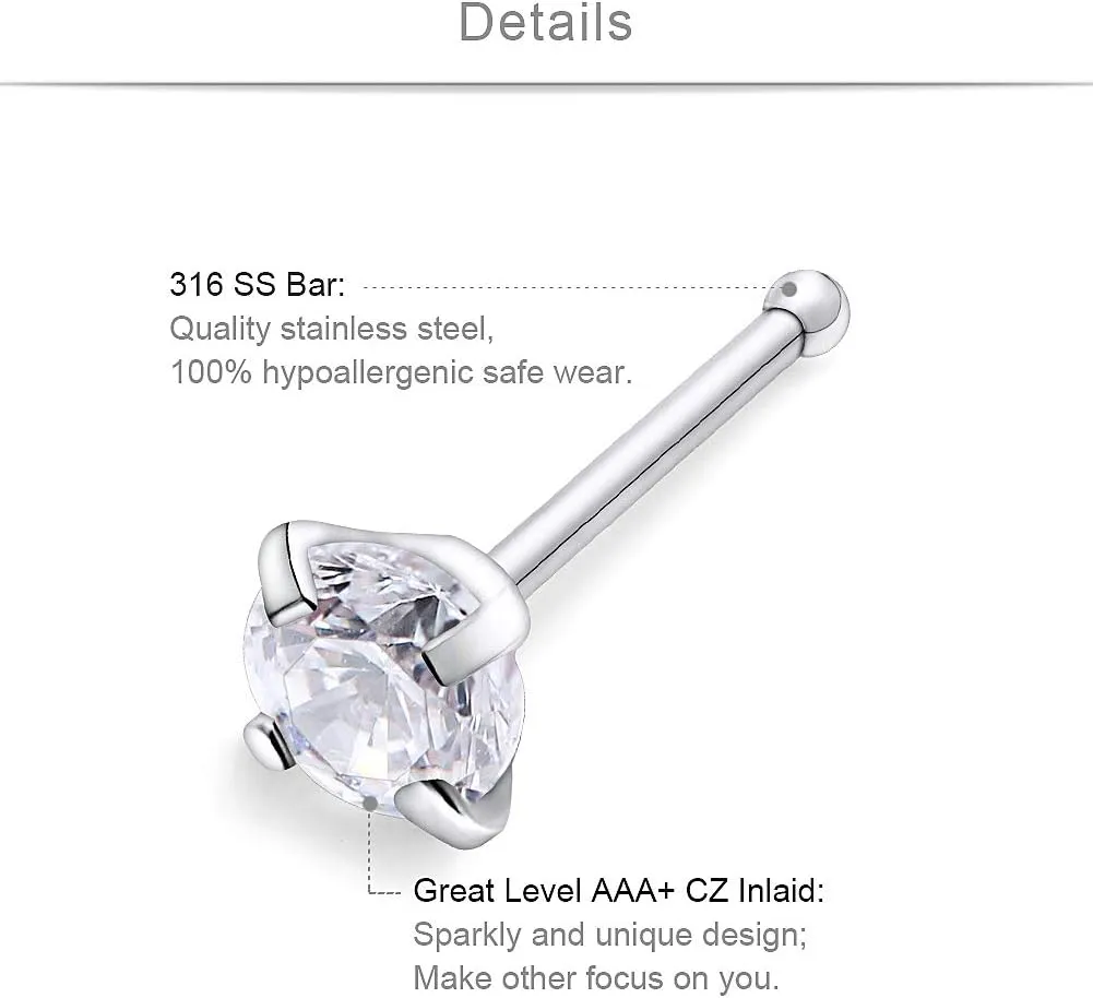 SCERRING 20G Nose Rings Hoop Stainless Steel Bone L Shaped Screw CZ Heart Nose Studs Cartilage Tragus Earrings Piercing Ring Hoop Body Jewelry Set