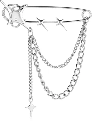 Silver Star Brooch Pins for Women Star Tassel Chain Brooch Collar Pins Vintage Bling Crystal Pearl Sweater Shawl Clips Punk Collar Chain Brooch for Women Girls Jacket Clothing