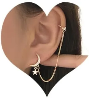 Sither Women Earring with Cuff Chain Ear Clips Ear Wraps Cuff Earrings Dangle Earrings Helix Cartilage Clip On Christmas Jewelry Gift for Her(1 Piece)
