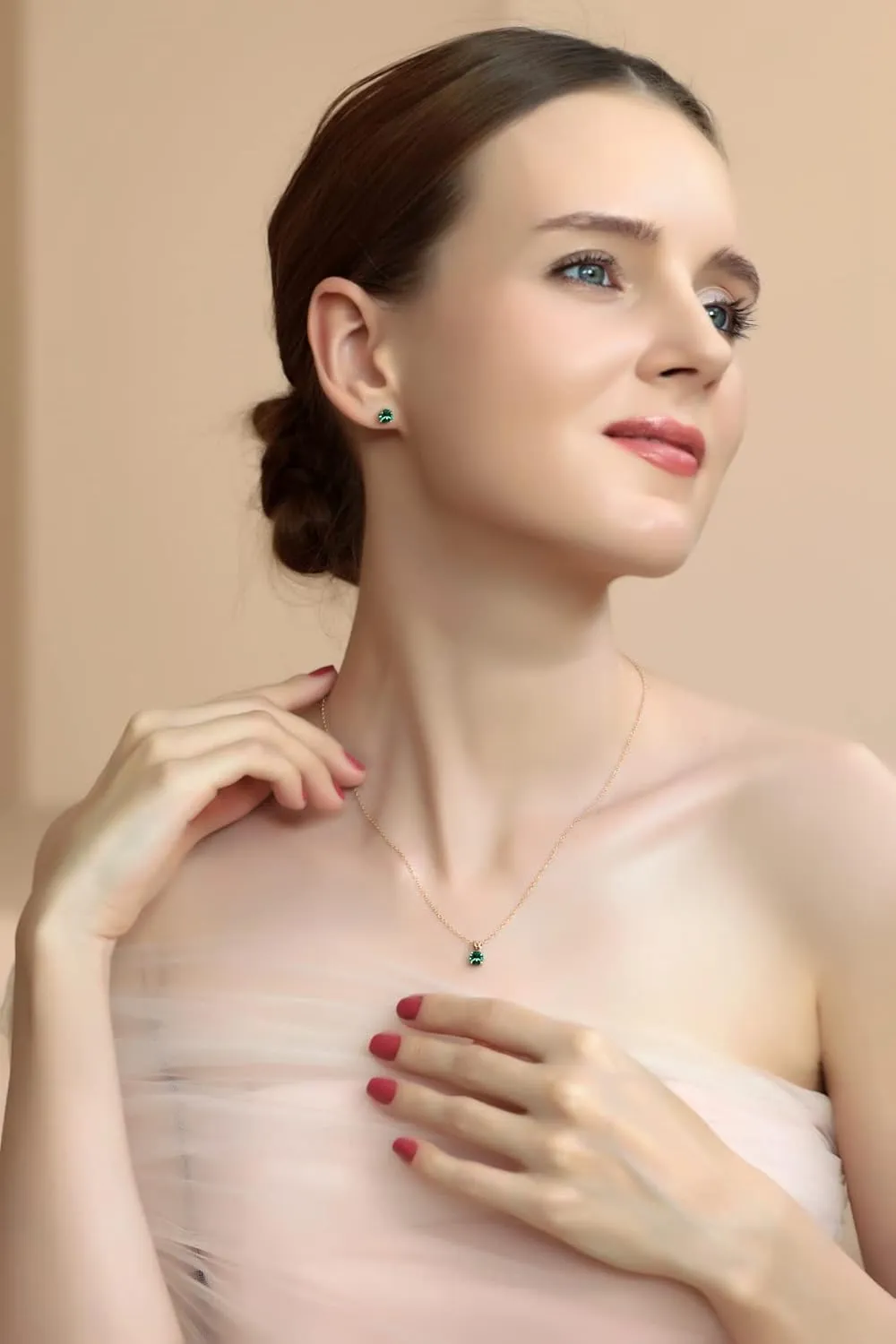 Small Rose Gold Flashed Sterling Silver Solitaire Crystal Necklace & Stud Earrings Birthstone Jewelry Set for Women or Bridesmaids