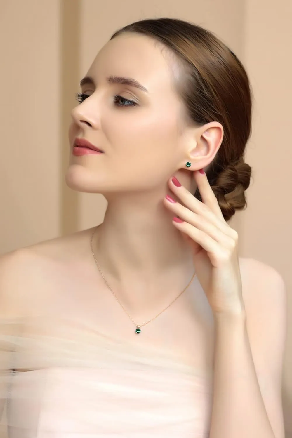 Small Rose Gold Flashed Sterling Silver Solitaire Crystal Necklace & Stud Earrings Birthstone Jewelry Set for Women or Bridesmaids