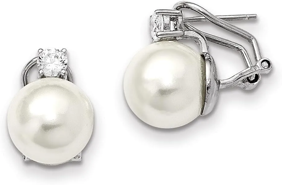 Solid 925 Sterling Silver 12-13mm White Imitation Shell Pearl CZ Cubic Zirconia Omega Back Earrings Earrings