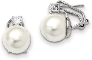 Solid 925 Sterling Silver 12-13mm White Imitation Shell Pearl CZ Cubic Zirconia Omega Back Earrings Earrings