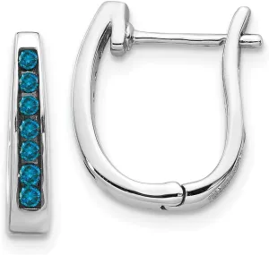 Solid Real 14K White Gold Blue Diamond 3mm Hinged Hoop Huggie Earrings - 14mm x 12mm (.148 cttw.)