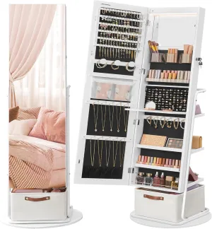 SONGMICS 360 Swivel Mirrored Jewelry Cabinet with Lights, Full-Length Mirror with Jewelry Storage, Standing Jewelry Armoire Organizer, with Large Storage Basket, Makeup Shelf, Cloud White UJJC018W01