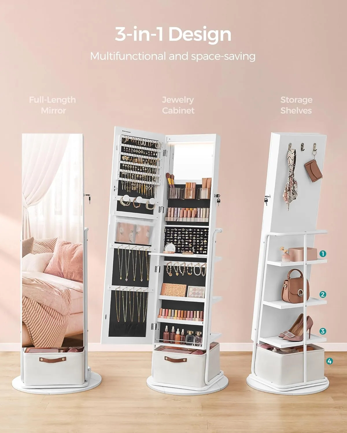 SONGMICS 360 Swivel Mirrored Jewelry Cabinet with Lights, Full-Length Mirror with Jewelry Storage, Standing Jewelry Armoire Organizer, with Large Storage Basket, Makeup Shelf, Cloud White UJJC018W01