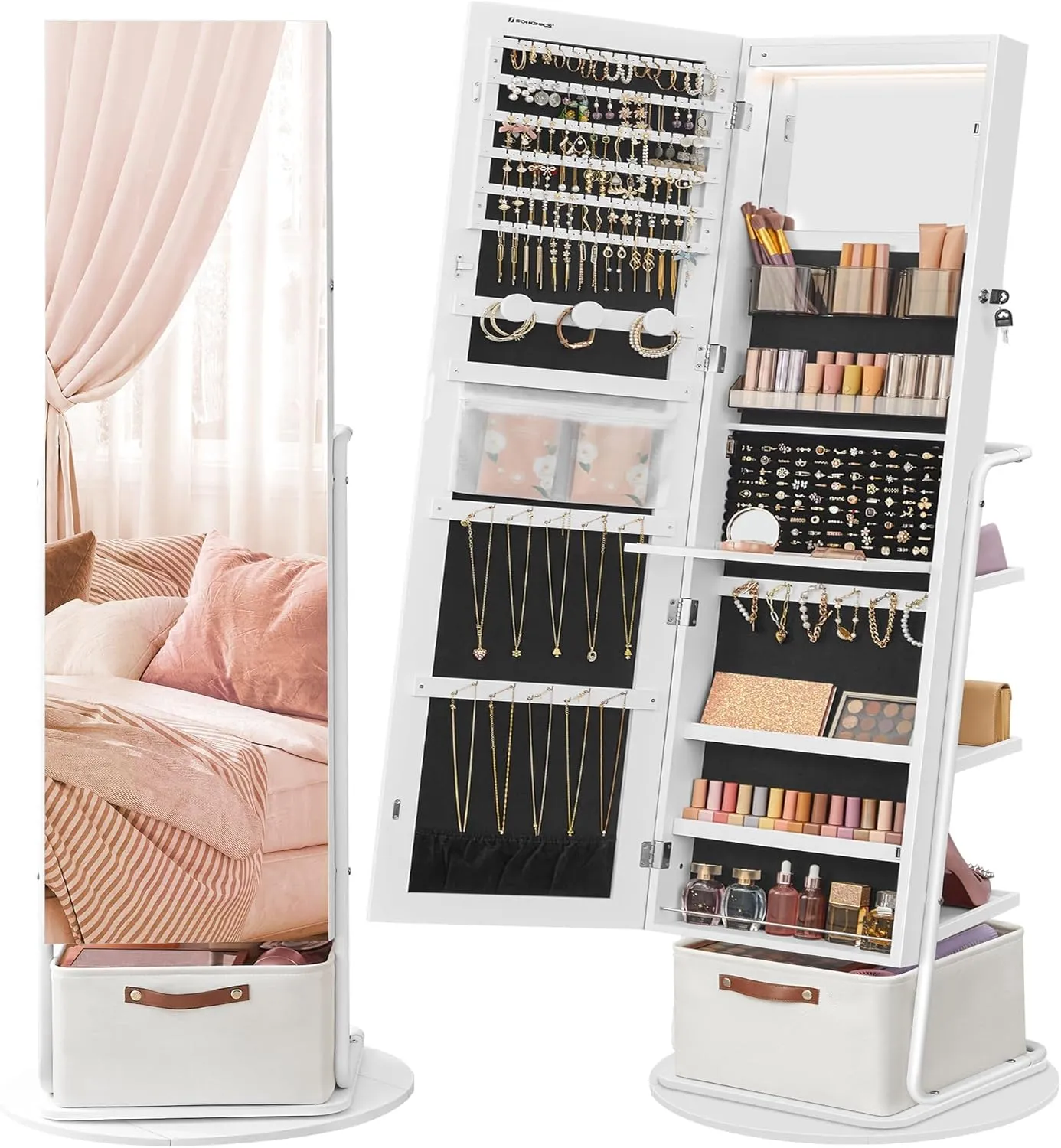 SONGMICS 360 Swivel Mirrored Jewelry Cabinet with Lights, Full-Length Mirror with Jewelry Storage, Standing Jewelry Armoire Organizer, with Large Storage Basket, Makeup Shelf, Cloud White UJJC018W01