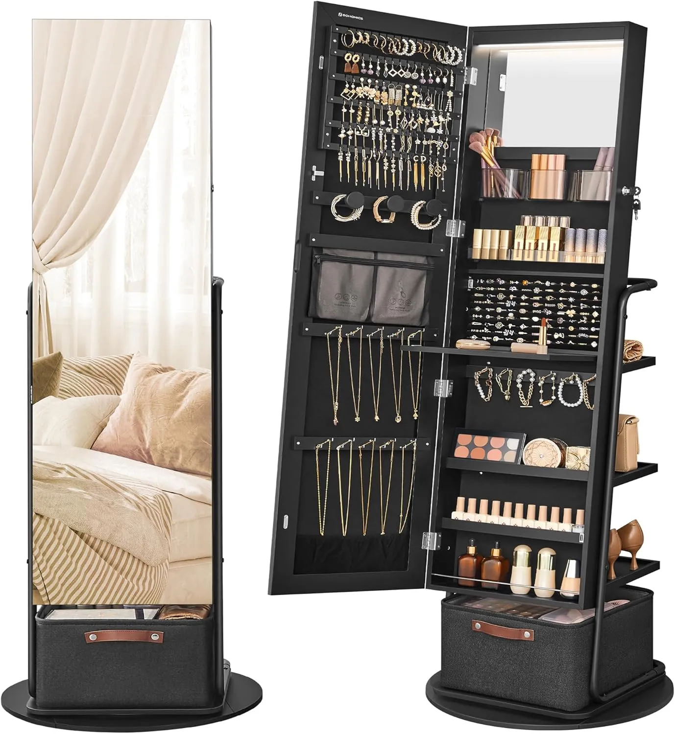 SONGMICS 360 Swivel Mirrored Jewelry Cabinet with Lights, Full-Length Mirror with Jewelry Storage, Standing Jewelry Armoire Organizer, with Large Storage Basket, Makeup Shelf, Ink Black UJJC018B01
