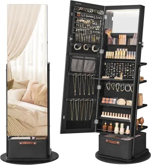 SONGMICS 360 Swivel Mirrored Jewelry Cabinet with Lights, Full-Length Mirror with Jewelry Storage, Standing Jewelry Armoire Organizer, with Large Storage Basket, Makeup Shelf, Ink Black UJJC018B01