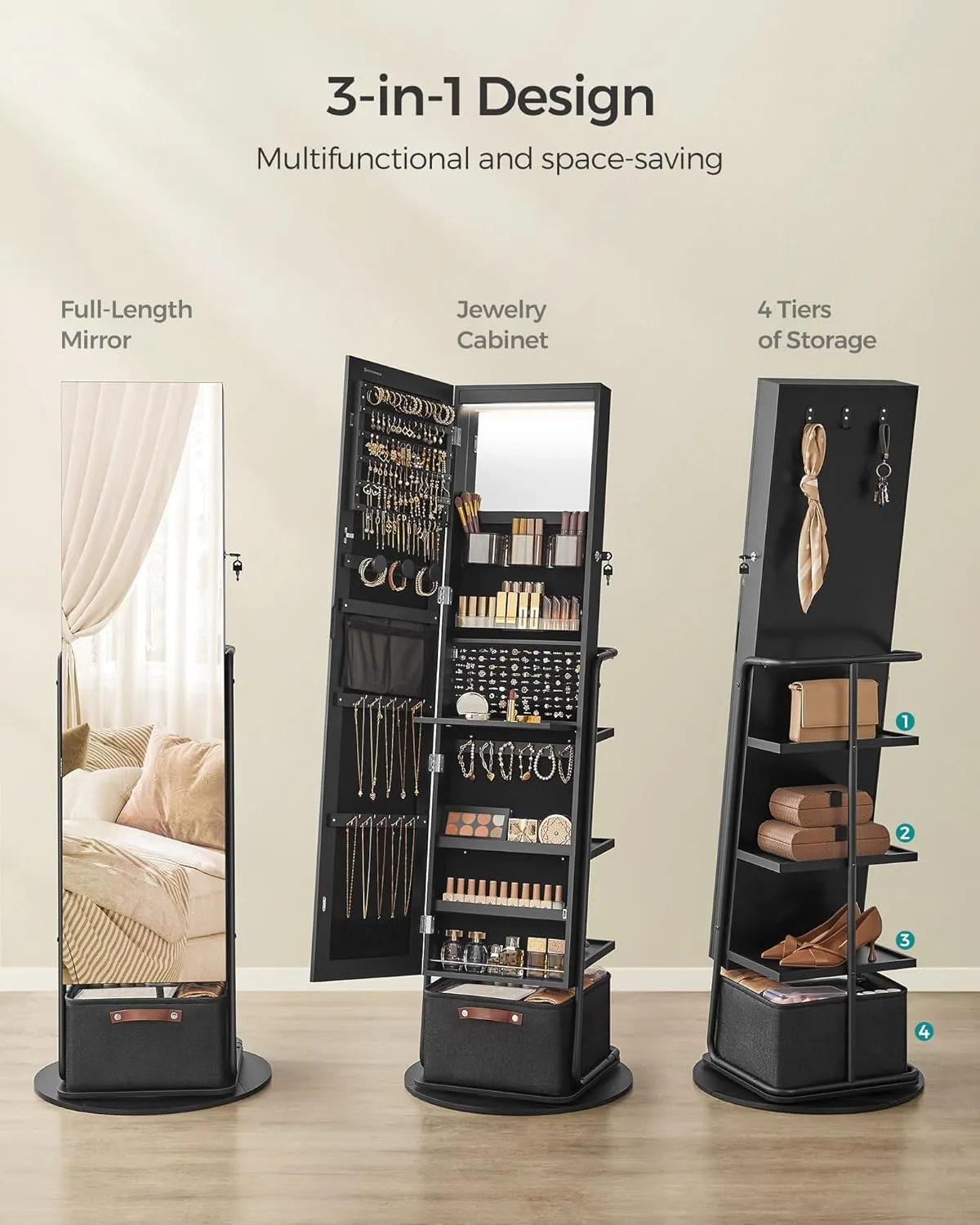SONGMICS 360 Swivel Mirrored Jewelry Cabinet with Lights, Full-Length Mirror with Jewelry Storage, Standing Jewelry Armoire Organizer, with Large Storage Basket, Makeup Shelf, Ink Black UJJC018B01