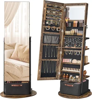 SONGMICS 360 Swivel Mirrored Jewelry Cabinet with Lights, Full-Length Mirror with Jewelry Storage, Standing Jewelry Armoire Organizer, with Large Storage Basket, Makeup Shelf, Rustic Brown UJJC018X01