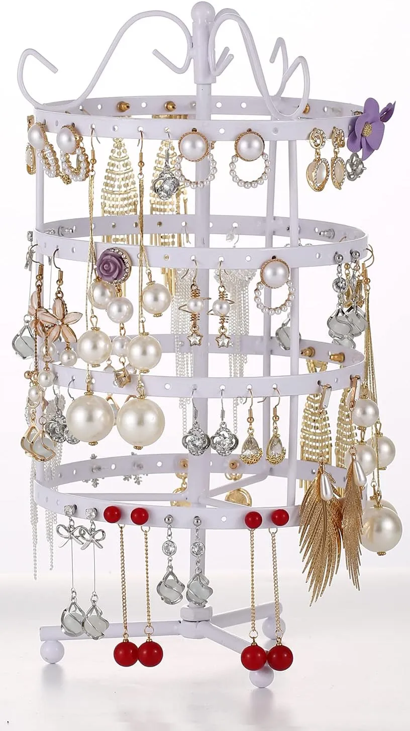 Sooyee Jewelry Holder,360 Rotating Earring Holder Organizer Jewelry Stand,4 Tiers 144 Holes Earring Display Stands for Selling,Metal Jewelry display,White