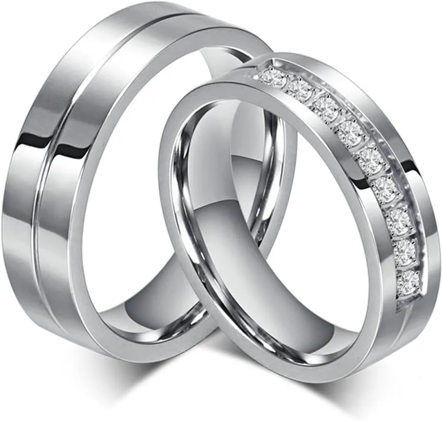 Stainles Steel 6Mm Promise Rings for Couples Set with 2 Rings Women Size 9 & Men Size 8