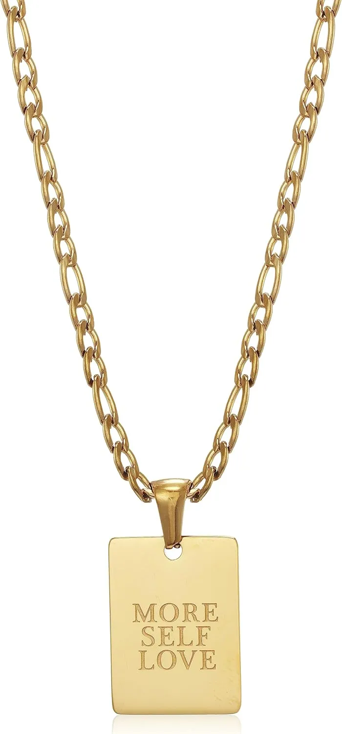 Stainless Steel Inspirational Square Rectangular Pendant Necklace (More Self Love) for Her Women Mom Daughter Sister
